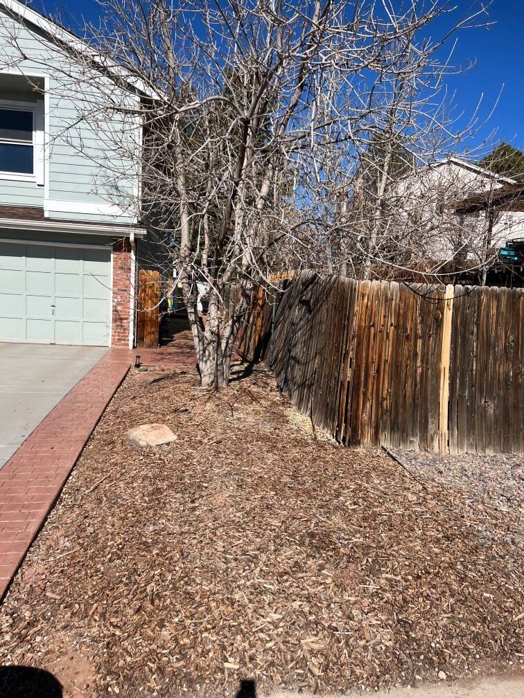 a before image of a mulched strip of landscaping next to a driveway