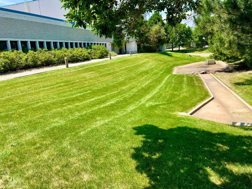 a large well cut commercial lawn on a hill
