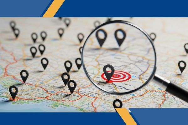 A map with location pins and a magnifying glass highlighting a specific service area