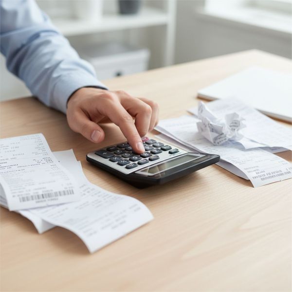 Hand calculating repair costs on a small calculator with receipts nearby.
