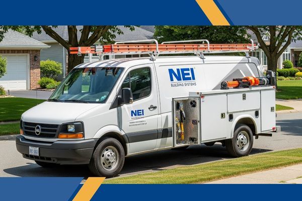 A clean, branded NEI Building Systems service van is parked on a residential street