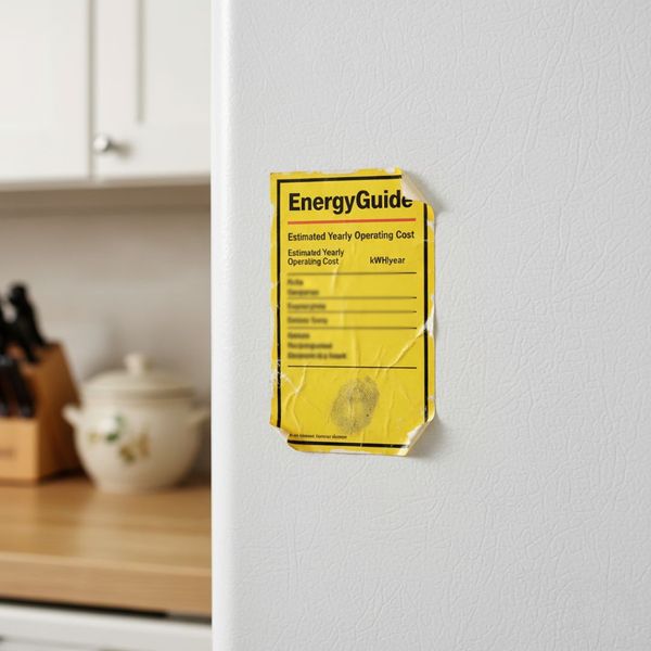 Close-up of an old, faded yellow Energy Guide label on a refrigerator door.