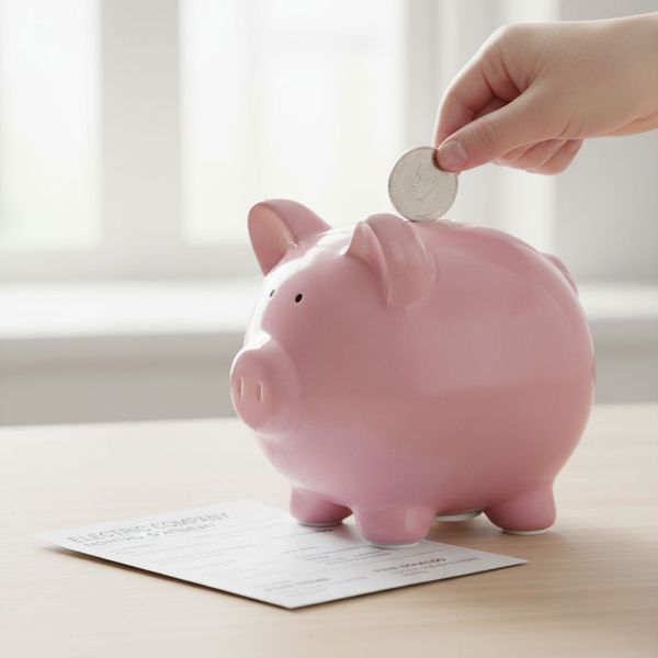 Silver coin being placed into a piggy bank next to a household utility bill.