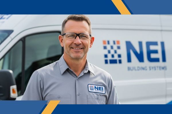 NEI technician smiles in front of branded van