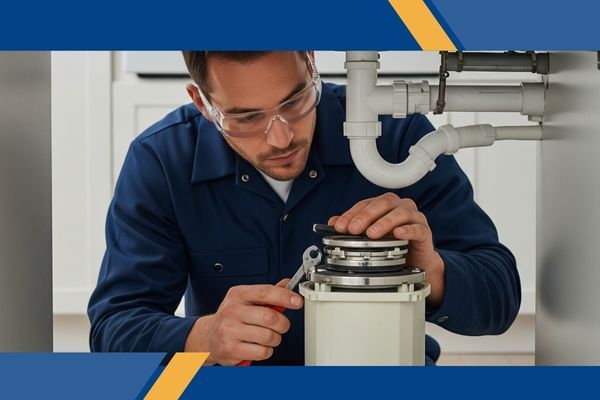 Man repairs garbage disposal underneath sink Man repairs garbage disposal underneath sink