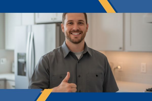 Friendly, smiling appliance technician in a clean uniform giving a thumbs-up, representing NEI Building Systems' reliable and customer-focused service in Nashville.