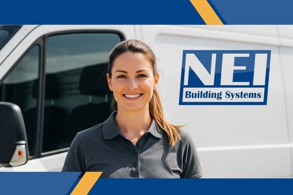 Woman smiles in front of van with NEI logo Woman smiles in front of van with NEI logo