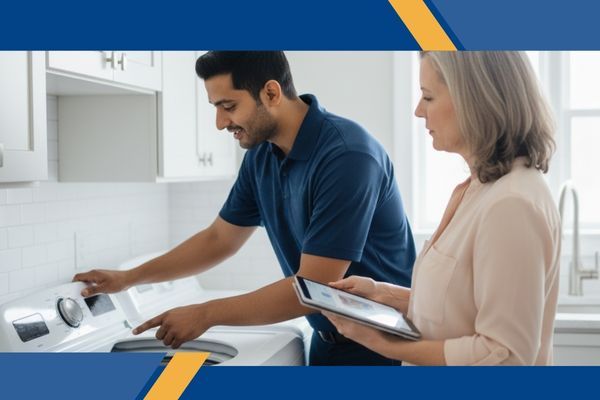 Technician leaning into a washing machine, clearly explaining a maintenance tip to a homeowner, highlighting NEI Building Systems' commitment to educative, transparent, and local service.