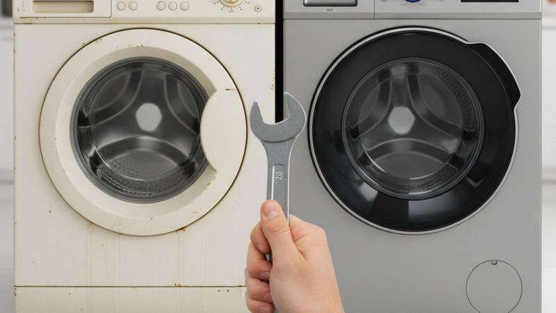 Hand holding a wrench over a counter, balancing an old appliance and a new, modern appliance. Hand holding a wrench over a counter, balancing an old appliance and a new, modern appliance.