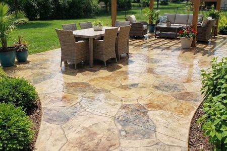 An outdoor patio with a UV-stable epoxy coating in a decorative stone finish, perfect for Nebraska weather.