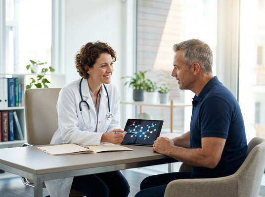 A smiling female doctor in a white coat explains a molecular diagram on a tablet to a male patient during a medical consultation. Doctor and Patient Discussing Medical Information on Tablet