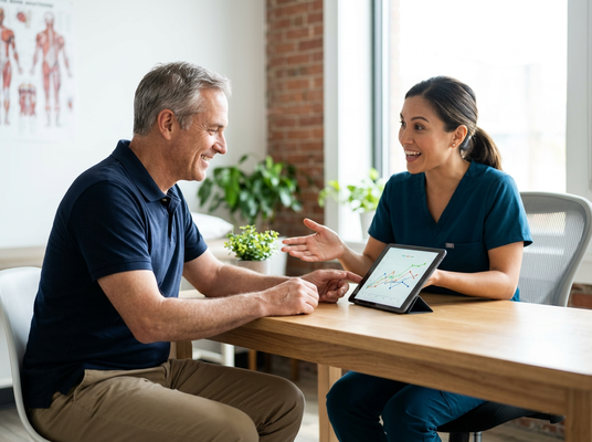 A smiling healthcare provider in scrubs shows a male patient a line graph on a tablet during a consultation at a wooden table. Healthcare Professional Discussing Data with Patient