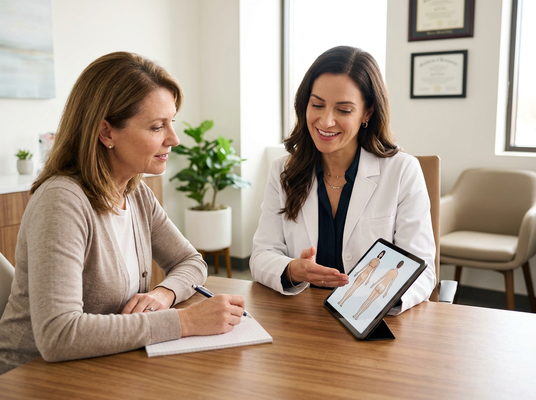 A female medical professional in a white coat explains anatomical diagrams on a tablet to a female patient taking notes. Medical consultation showing anatomical diagrams on a tablet