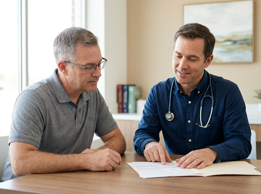 A male doctor with a stethoscope points to a document on a table, discussing medical information with a male patient in glasses. Doctor and patient reviewing medical documents