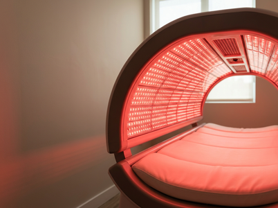 An empty red light therapy bed with a padded white mattress and an arched canopy filled with numerous glowing red LED lights. A window is in the background. Red Light Therapy Bed