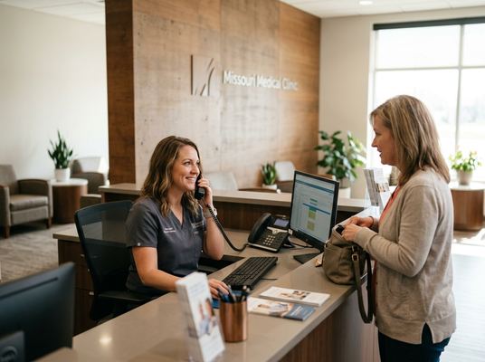 A smiling female receptionist talks on the phone while a female patient stands at the counter, both at the Missouri Medical Clinic. Medical Clinic Reception Desk with Staff and Patient