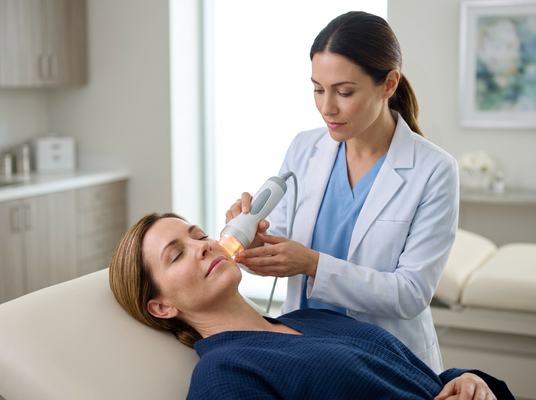 Professional administering a light therapy facial treatment
