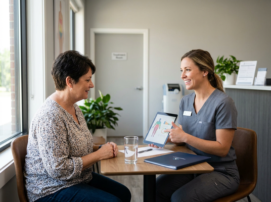 A smiling medical professional in gray scrubs shows health data on a tablet to an engaged female patient during a consultation in a clinic. Healthcare Professional Discussing Data with Patient