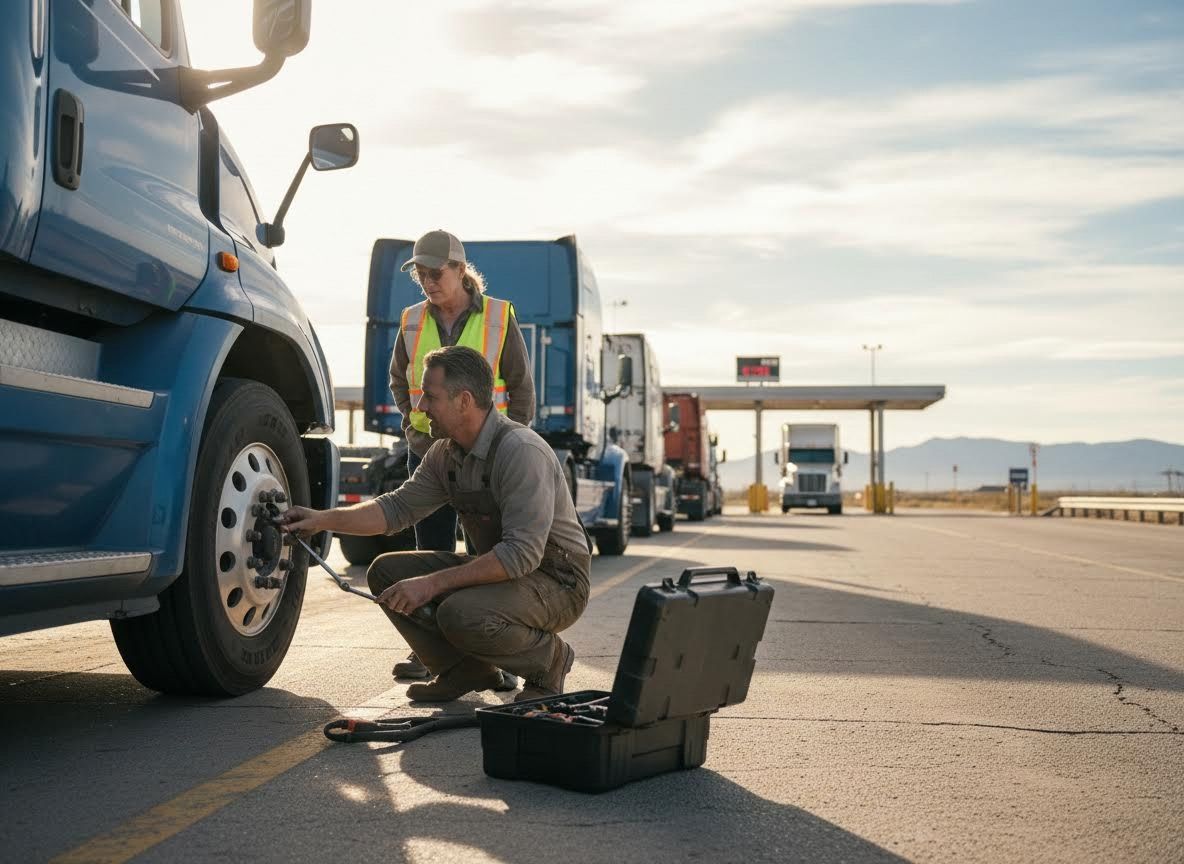 Truckers performing tire maintenance