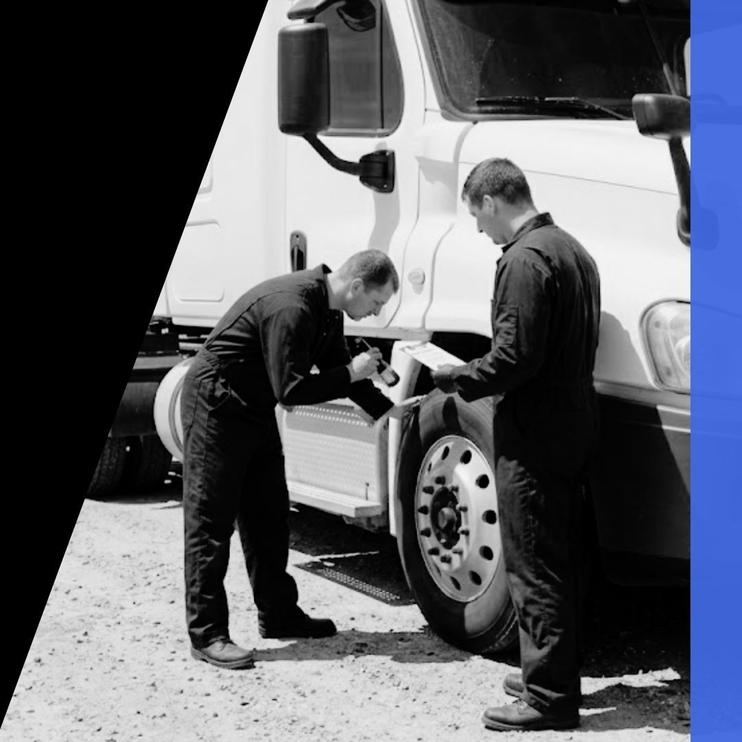 Two unmarked mobile semi-truck mechanics conducting a thorough roadside inspection near Green River, Utah.