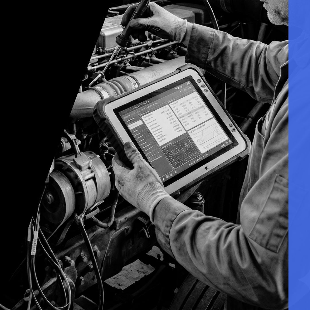 An unmarked diesel mechanic uses a diagnostic tablet to troubleshoot a semi-truck engine in Green River, Utah.