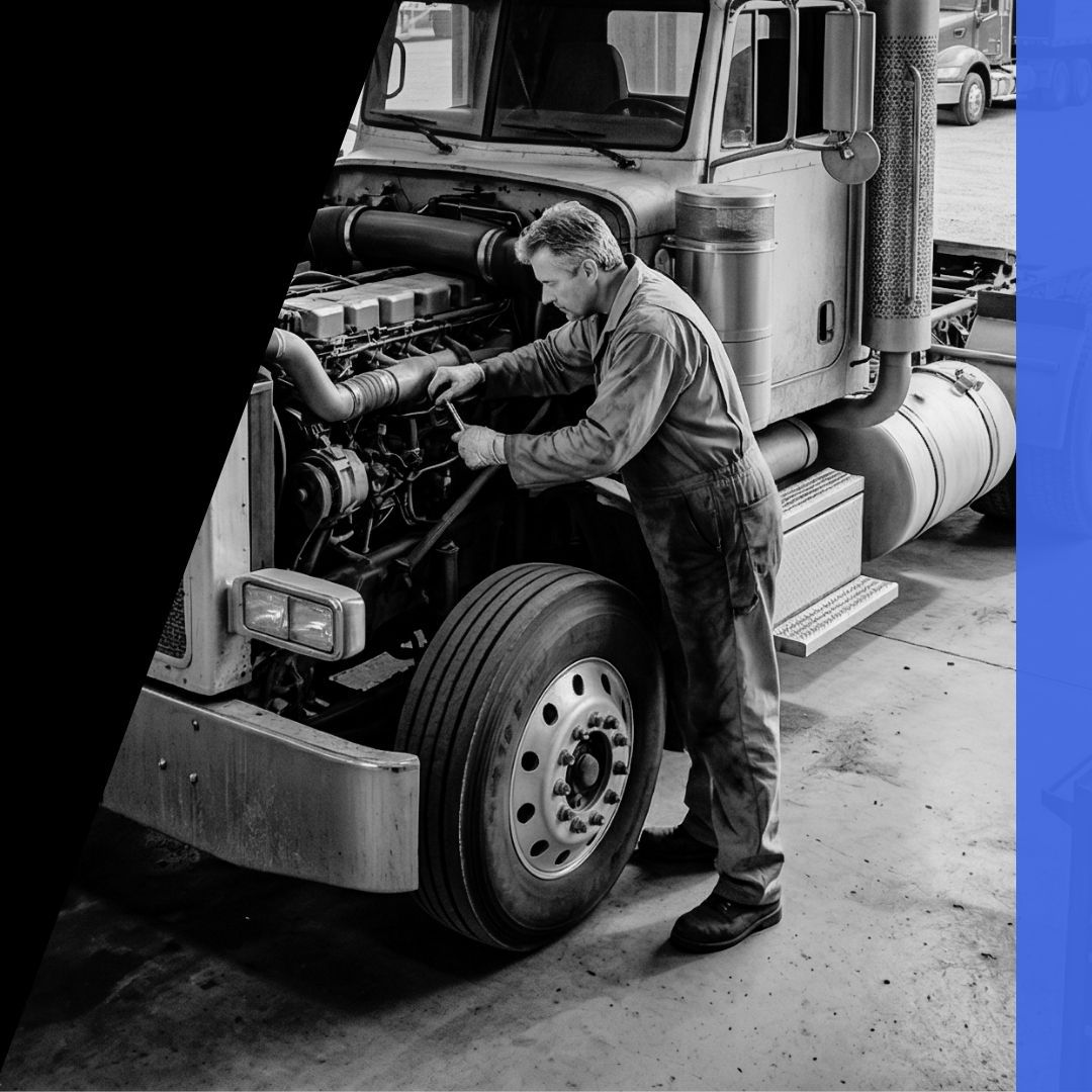 A 1:1, photorealistic stock photograph, 4k quality, captured inside and just outside a heavy-duty truck repair garage located near Sunnyside, Utah.