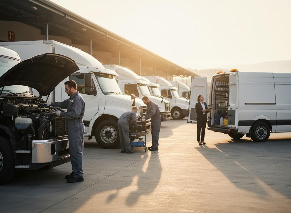 Mechanics servicing trucks and a supervisor inspecting a service van