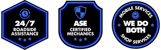 Set of three trust badges: 24/7 Roadside Assistance, ASE Certified Mechanics, and Mobile Services / Shop Services We Do Both.