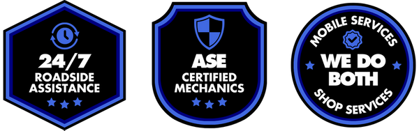 Set of three trust badges: 24/7 Roadside Assistance, ASE Certified Mechanics, and Mobile Services / Shop Services We Do Both.