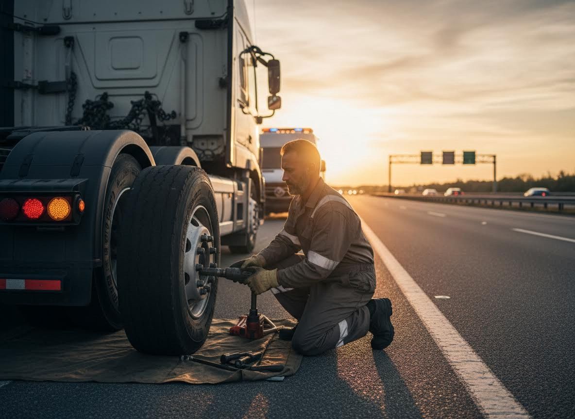Truck tire repair on highway at sunset