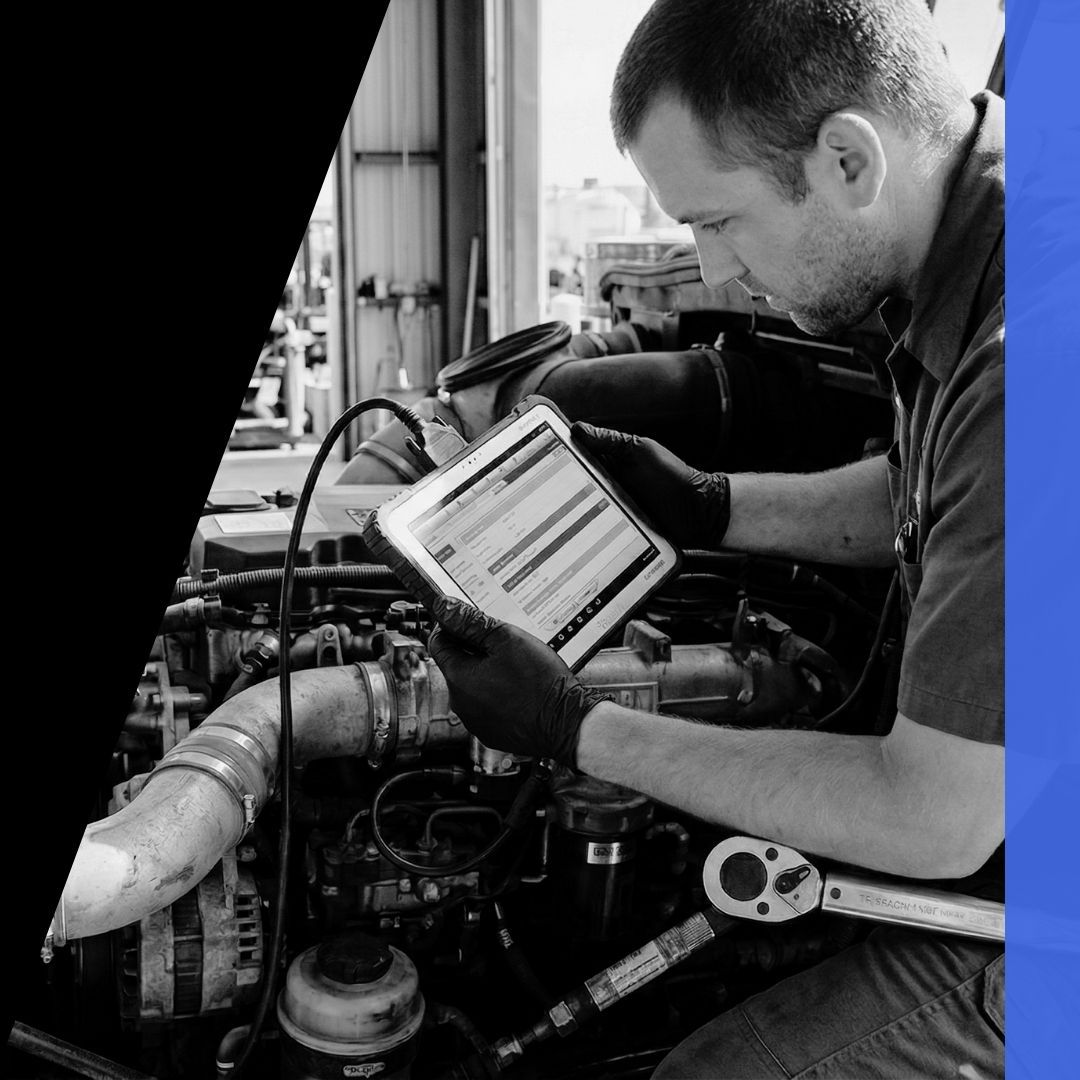 A diesel mechanic from Mobile Mechanic Men using a diagnostic tablet to troubleshoot a semi-truck engine in East Carbon, Utah.