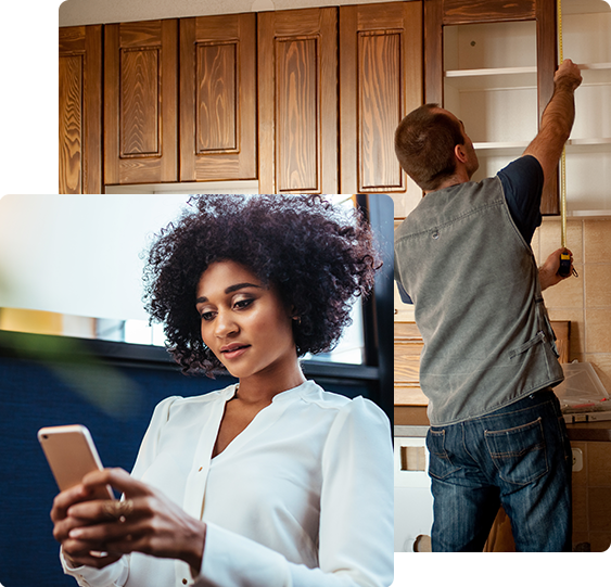 woman making phone call and man working on cupboards
