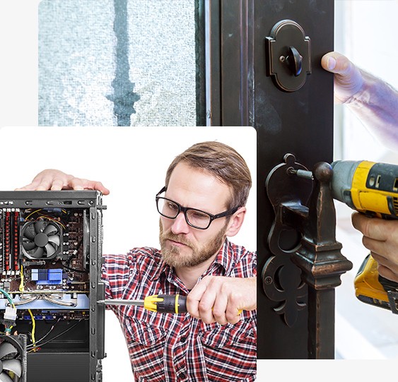 a collage of assembly images with someone assembling a desktop computer and another using a drill on a front door