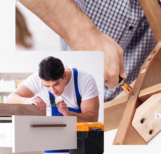 a collage of a handyman assembling furniture 