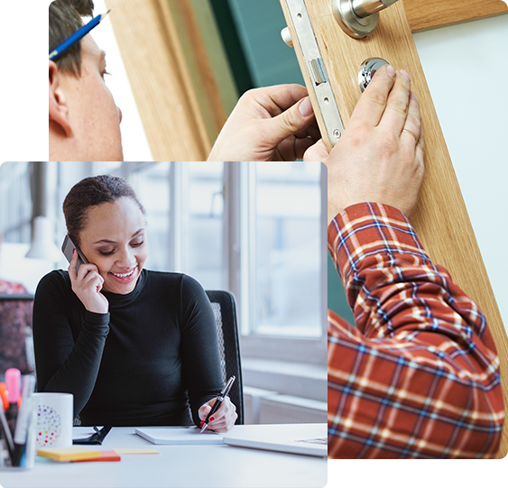 woman making phone call and handyman working