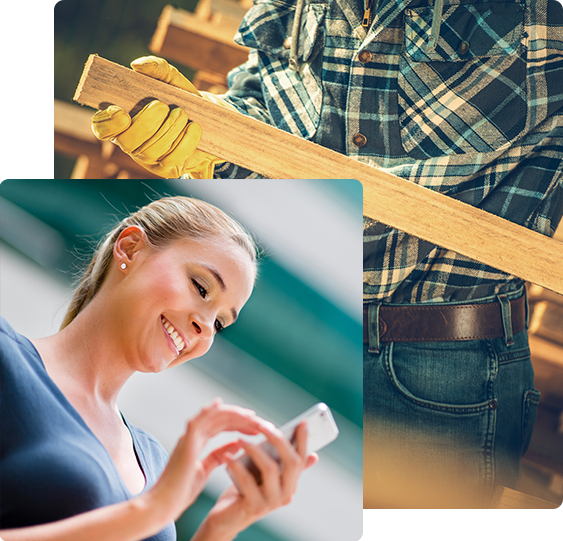 woman making phone call and man working on cupboards