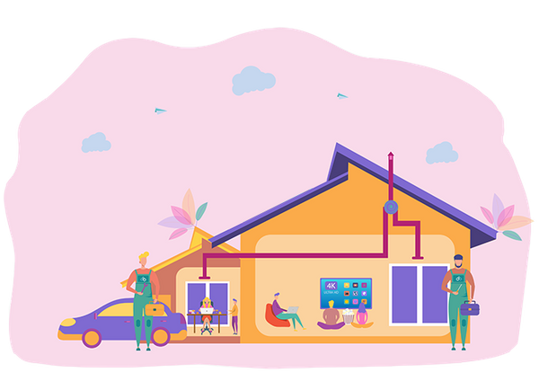 a graphic of people living in a home and service people outside with tools