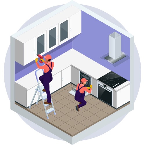 a graphic of workers assembling cabinets and kitchen appliances