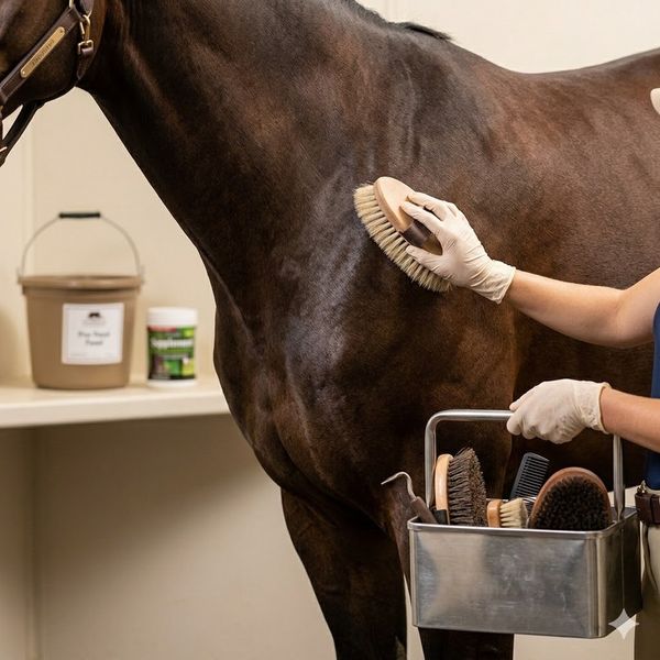 A close-up shot of a groom’s hands using a body brush on a horse’s clean coat, illustrating the high feeding and grooming standards at the boarding facility. elite-feeding-and-grooming-standards.jpeg