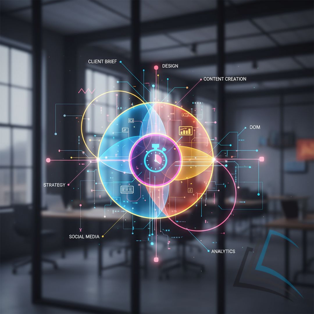 1:1 photo showing an abstract, colorful project mind map with a billable hours clock.