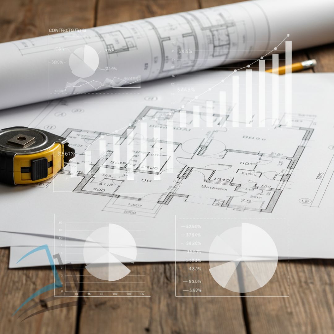 1:1 image of a building blueprint overlaid with transparent financial job-costing graphs.