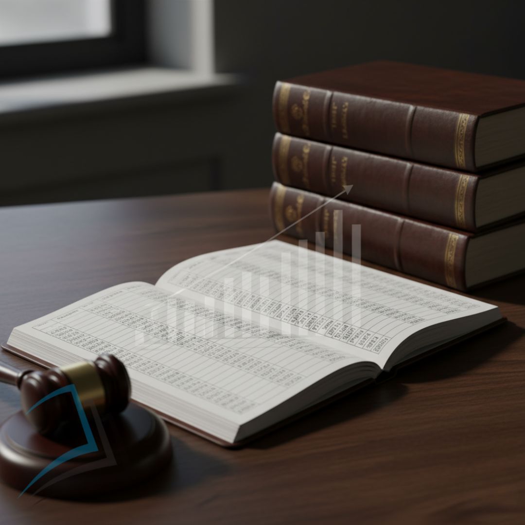 A 1:1 photo of a gavel and legal books next to a precise financial ledger.