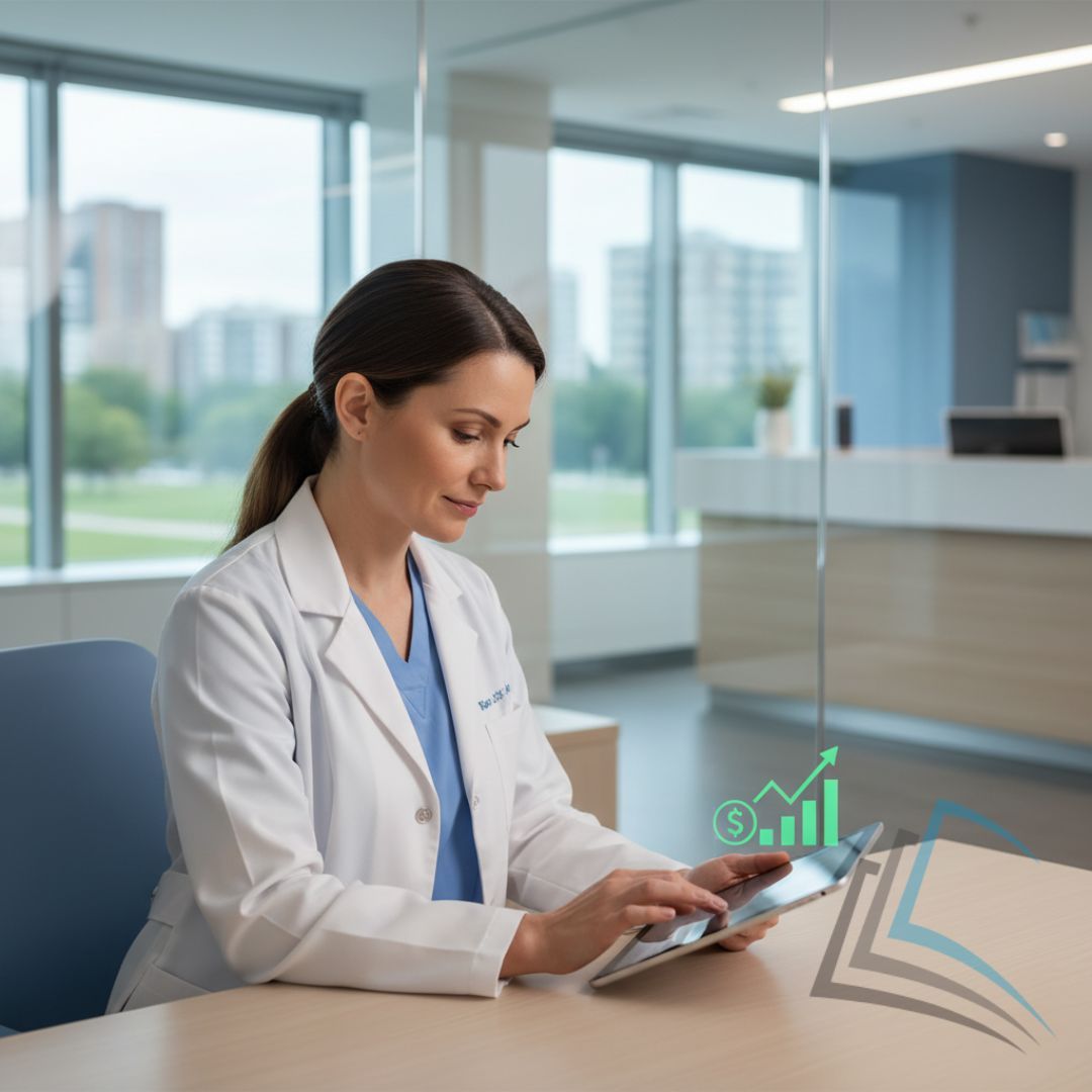1:1 image of a healthcare worker analyzing a financial growth chart integrated into a medical file.