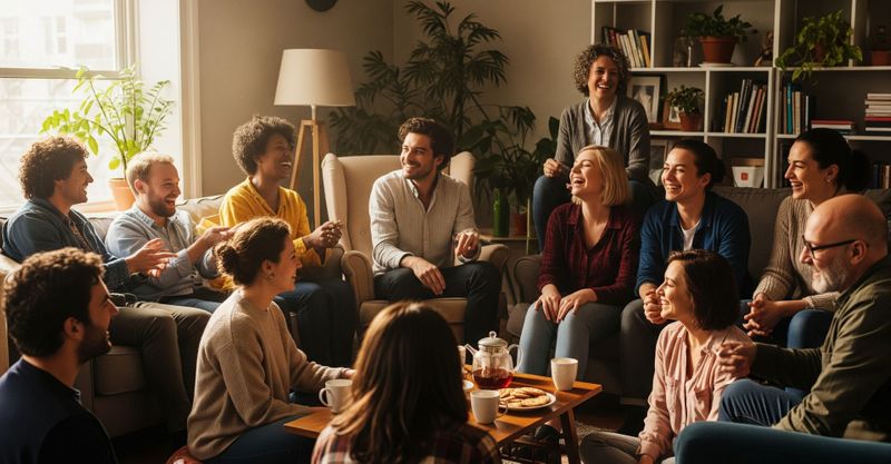 A diverse group of people from a community is gathered in a sunlit room, sharing stories and laughter.