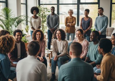 A diverse group of people sits in a circle for a group therapy session, smiling and looking at the speaker. The atmosphere is warm and supportive, with natural light streaming through the windows and lush plants in the background. Group Therapy Session