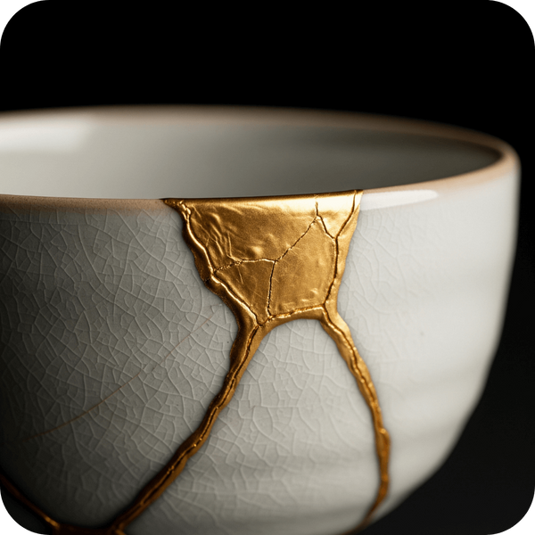 A macro close-up of a Kintsugi-repaired ceramic bowl, focusing on the golden seams to symbolize healing and resilience. A macro close-up of a Kintsugi-repaired ceramic bowl, focusing on the golden seams to symbolize healing and resilience.