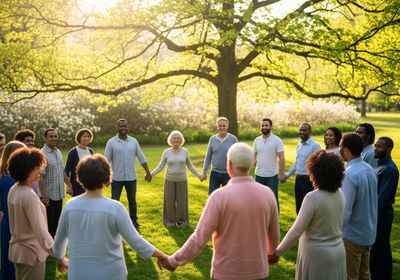 A group of approximately fifteen diverse people stand in a circle on a grassy lawn, holding hands. A large tree with vibrant green leaves is centered behind them, bathed in soft sunlight. The group appears to be a mix of ages and ethnicities, with some facing the camera and others with their backs turned. The overall impression is one of unity, community, and connection with nature. Diverse Group Holding Hands in Circle