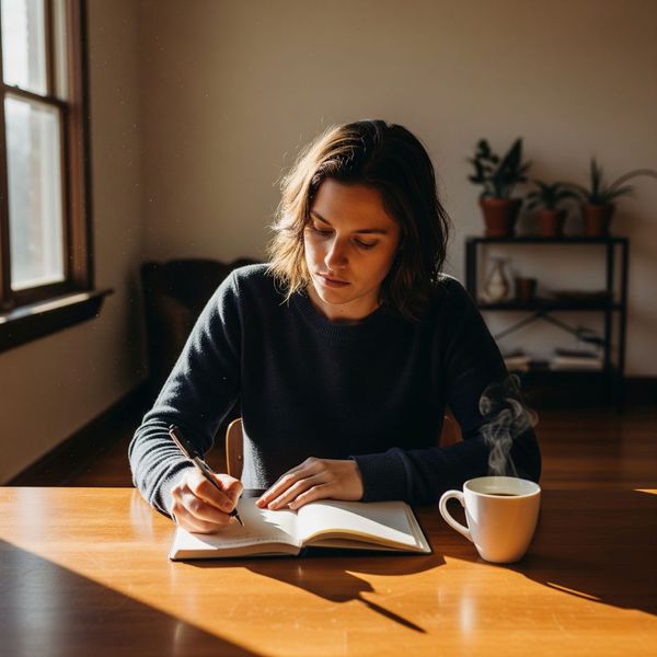 A person journaling thoughtfully in a quiet, sunlit room. A person journaling thoughtfully in a quiet, sunlit room.