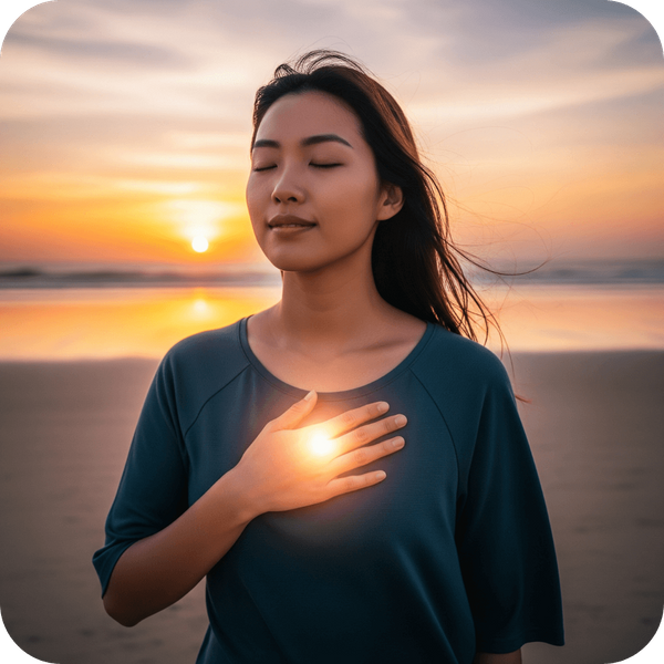 A person stands on a beach at sunrise with a hand on their chest, from which a soft light glows. A person stands on a beach at sunrise with a hand on their chest, from which a soft light glows.
