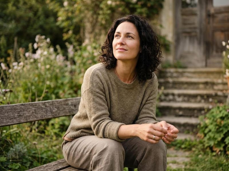 Woman Sitting on Bench in Garden Looking Up